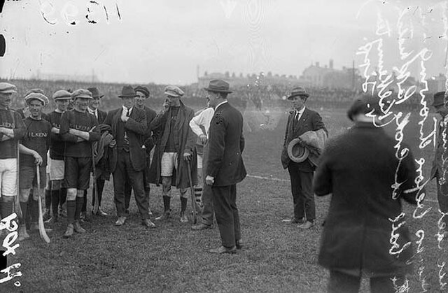 Michael Collins speaking to the Kilkenny team before the 1921 Leinster final at Croke Park