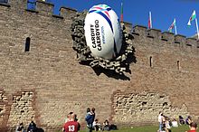 A giant promotional rugby ball was placed on Cardiff Castle as part of the 2015 Rugby World Cup 2015 World Cup - Rugby ball at Cardiff Castle.jpg
