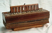 Eight-key bisonoric diatonic accordion (c. 1830) 8 key accordion.JPG