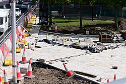 Part of Humber Dock Street, once a one-way street feeding onto the dual-carriageway, now being paved over amid extensive roadworks on Castle Street in Kingston upon Hull.