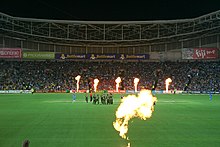 Pyro show during the Twenty20 match between India and Australia in 2012 ANZ Cricket Stands.jpg