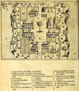 Carte de Samuel de Champlain des bâtiments de l’île Sainte-Croix, 1604.