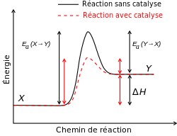 Effet d'un catalyseur sur l'énergie d'activation d'une réaction. Avec un catalyseur l'énergie d'activation est plus faible et la vitesse de réaction augmente.