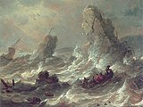 Stormachtige zee met enkele boten bij rotsen label QS:Len,"Stormachtige zee met enkele boten bij rotsen" label QS:Lpl,"Sztormowe morze z łodziami przy skałach" label QS:Lnl,"Stormachtige zee met enkele boten bij rotsen" 1659-1705.