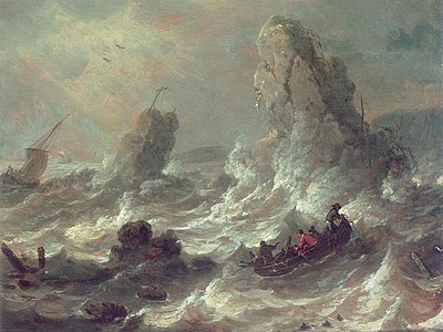 Stormachtige zee met enkele boten bij rotsen
