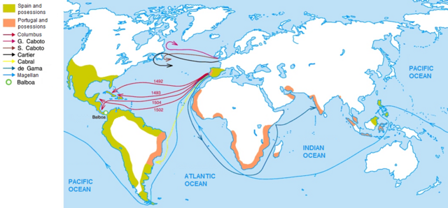 Map with the main travels of the Age of Discovery (began in 15th century).