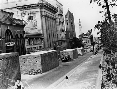 Air raid shelters on Ann Street, 1942;
the Masonic Temple, Shell House, St Andrew's Uniting Church, and the tower of City Hall on the left Air raid shelters on Ann Street Brisbane 1942.jpg