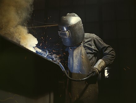 Arc welding with a welding helmet, gloves, and other protective clothing