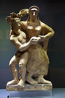 Antefix with Satyr and Maenad dancing from the acropolis, Temple of Mater Matuta, 490-470 BC, from Satricum Antefix with Satyr and Maenad dancing from Satricum (Latium vetus) 490-470 BC.jpg