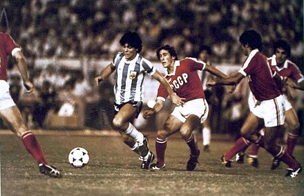 Maradona on the ball against the Soviet Union in the 1979 FIFA World Youth Championship Final in Japan