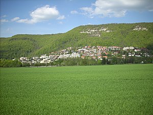 Veduta di Bad Urach, sullo sfondo la NSG "Nägelesfelsen"