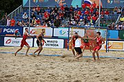 Deutsch: Beachhandball Europameisterschaften 2019 (Beach handball Euro); Tag 6: 7. Juli 2019 – Spiel um Platz Drei, Männer, Ungarn-Russland 2:0 (26:20, 23:22) English: Beach handball Euro; Day 6: 7 July 2019 – Men's Bronze Medal Match – Hungary-Russia 2:0 (26:20, 23:22)