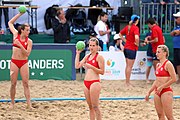 Deutsch: Beachhandball Europameisterschaften 2019 (Beach handball Euro); Tag 4: 5. Juli 2019 – Frauen, Viertelfinale, Kroatien-Ukraine 2:0 (21:20, 21:18) English: Beach handball Euro; Day 4: 5 July 2019 – Quarter Final Women – Croatia-Ukraine 2:0 (21:20, 21:18)