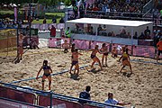 Deutsch: Beachhandball bei den Olympischen Jugendspielen 2018; Tag 3, 10. Oktober 2018; Mädchen, Vorrunde, Gruppe B - Niederlande-Argentinien 2:0 English: Beach handball at the 2018 Summer Youth Olympics at 10 October 2018 – Girls Preliminary Round Group B‎ – Netherlands-Argentina 2:0