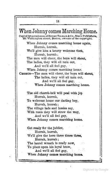 File:Beadle's Dime Song Book, No. 15 - Page 18 - When Johnny Comes Marching Home, pt. 1 (Digitized by Google).png