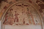 English: Fresco in Bellinge church, Fyn, Denmark. The frescos are signed by Ebbe Olsen and Simon Petersen and are dated 1496. They were covered in white in 1536 and uncovered in 1886. The motives are based on biblia pauperum
