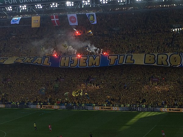 Brøndby fans at Parken Stadium ahead of their Danish Cup win over Silkeborg IF in 2018.