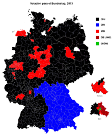 Parliamentary districts won by
# - CDU # - CSU # - SPD # - The Left # - Greens Bundestag-2013.png