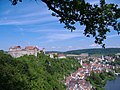 Bick vom Wendlbuck (Schöne Aussicht) auf den Burgberg und darunterliegender Stadt Harburg und Wörnitz