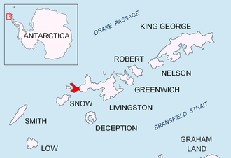 Location of Byers Peninsula, Livingston Island in the South Shetland Islands. Byers-Peninsula-location-map.png