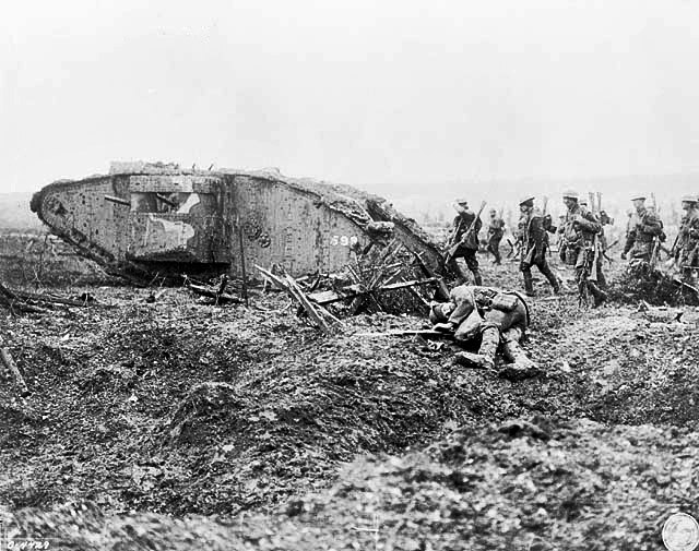 Soldiers of the 2nd Canadian Division behind a Mark II female tank during the Battle of Vimy Ridge