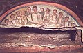 Cristo insegna agli apostoli, affresco 130x38, inizio del IV secolo, Catacombe di Domitilla, Roma
