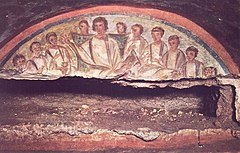 Early Christian Catacomb painting of Jesus and his disciples, pre-third century Christ teacher.jpg