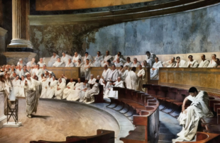 Representation of a sitting of the Roman Senate: Cicero attacks Catilina, from a 19th-century fresco Cicero Denounces Catiline in the Roman Senate by Cesare Maccari.png