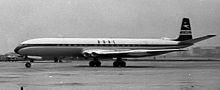 The de Havilland Comet, the first commercial jet airliner, produced in 1949 Comet BOAC 1960.jpg