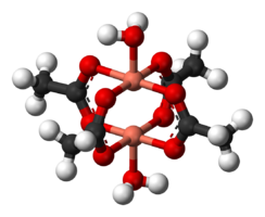 Structure of copper(II) acetate. In copper naphthenate, the methyl groups would be replaced by longer chain, often cyclic and chiral hydrocarbons.. Copper(II)-acetate-3D-balls2.png