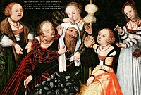 Lucas Cranach (I) (workshop). King Sigismund I, his wife and his four daughters as Hercules and Omphale label QS:Len,"King Sigismund I, his wife and his four daughters as Hercules and Omphale" label QS:Lpl,"Król Zygmunt I, jego żona i cztery córki jako Herkules i Omfale" label QS:Lfr,"Le roi Sigismond Ier, sa femme et ses quatre filles comme Hercule et Omphale" . Muzeum Narodowe w Poznaniu.