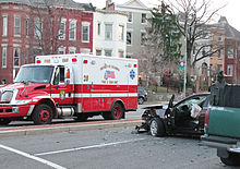 A DCFEMS ambulance responds to a vehicular accident in Washington, D.C. DCFEMS ambulance at vehicular accident - 2013-03-15.jpg
