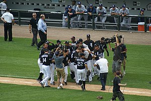 Teammates celebrated Mark Buehrle's perfect game on July 23, 2009. DSC04443 18th Perfect Game in Major League Baseball History.jpg