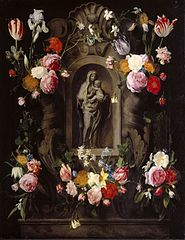 Madonna & Child Statuette in a Niche surrounded by a Garland of Flowers