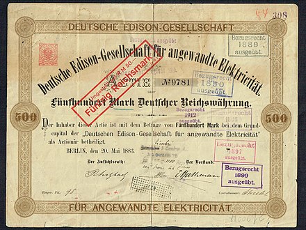 Share of the Deutsche Edison-Gesellschaft für angewandte Elektricität, issued 20 may 1883