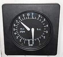 Driver's duplex air brake gauge: The left needle shows the pressure of the main reservoir pipe supplying the train, the right that of the brake cylinder, in bar. Duplex Brake Gauge.jpg