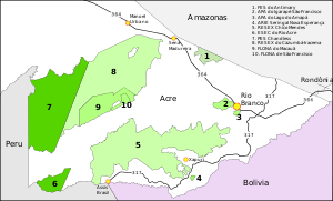 Conservation units in east Acre. 7: Chandless State Park East Acre Brazil conservation units 2016.svg