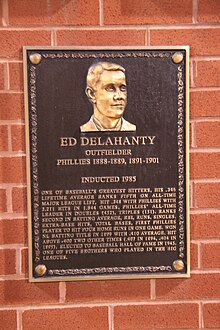 Ed Delahanty, a Hall of Fame outfielder, holds franchise records for the most career doubles and triples, feats which contributed to his election to the Philadelphia Baseball Wall of Fame (plaque pictured). Ed Delahanty plaque.jpg