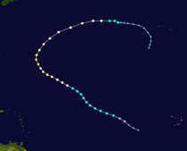 An image depicting the track of a long-lived 2014 tropical cyclone within the North Atlantic Basin.
