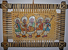 Kézműves tárgy az etióp ortodox papok ábrázolásával