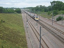 Eurostar train heading to London, in Kent, in May 2009 Eurostar Train heading to Ebbsfleet - geograph.org.uk - 1325596.jpg