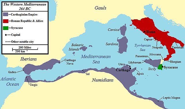 The approximate extent of territory controlled by Rome and Carthage immediately before the start of the First Punic War