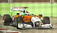 Adrian Sutil qualified in ninth position for the Force India team. Force India VJM04 Adrian Sutil Singapore 2011.jpg