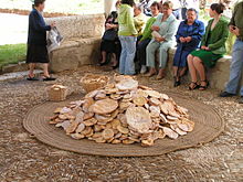 Fotografia feta a l'atri cobert de l'església, on es veu a terra una pila de pans plans de formes i mides diferents