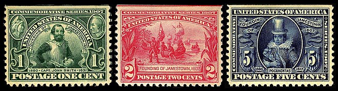 Jamestown commemorative stamps, issue of 1907
The U.S. Post Office issued a set of stamps on the 300th anniversary of the founding of the Jamestown colony. Founding of Jamestown 3 stamps 1907 issue.JPG