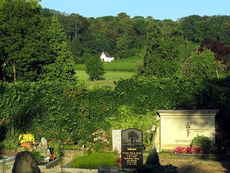 File:Friedhof Merzhausen, im Hintergrund die Schönstattkapelle am Schönberg.jpg