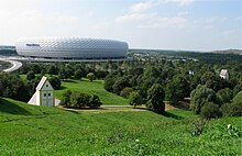 Fröttmaninger Berg, links die Kunstinstallation „Versunkenes Dorf“, rechts die Heilig-Kreuz-Kirche, hinten die Allianz Arena