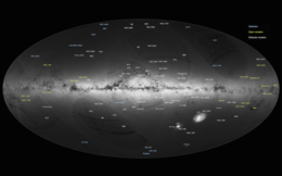 An all-sky view of stars in the Milky Way and neighbouring galaxies, based on the first year of observations from Gaia satellite, from July 2014 to September 2015. The map shows the density of stars in each portion of the sky. Brighter regions indicate denser concentrations of stars. Darker regions across the Galactic Plane correspond to dense clouds of interstellar gas and dust that absorb starlight. Gaia's first sky map, annotated.png