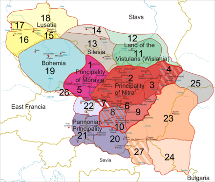 Territory of Great Moravia in the 9th century: area ruled by Rastislav (846–870) map marks the greatest territorial extent during the reign of Svatopluk I (871–894), violet core is origin of Moravia.
