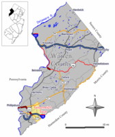 Map of Greenwich Township in Warren County. Inset: Location of Warren County highlighted in the State of New Jersey.